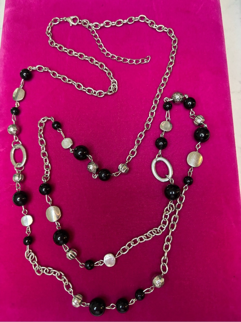 Layered Black Bead & Silver Chain Necklace